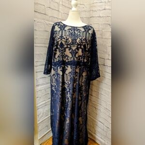 Elegant Lace Overlay Dress in Navy Blue